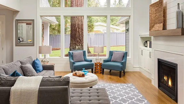 A living room with a modern design